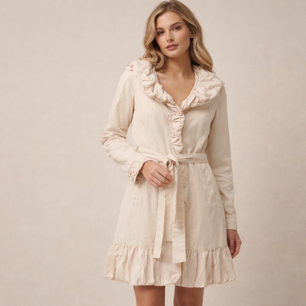 Blanc Noir Ruffle Trench Jacket‎ Womens M Cream Coquette Avant-Garde Belted Coat
